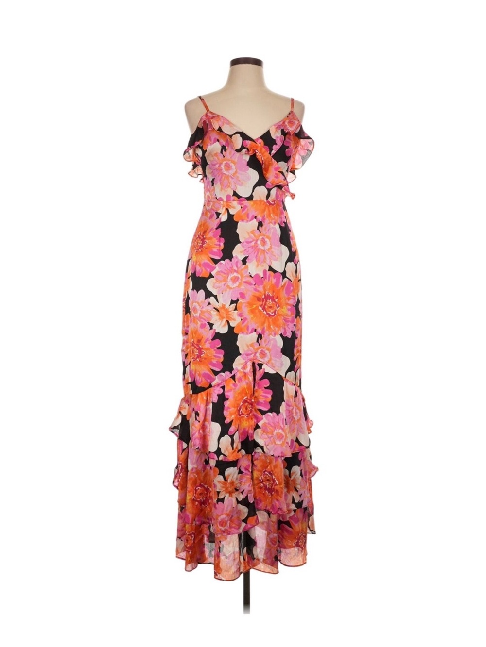 Floral Pink & Black Ruffled Maxi Dress